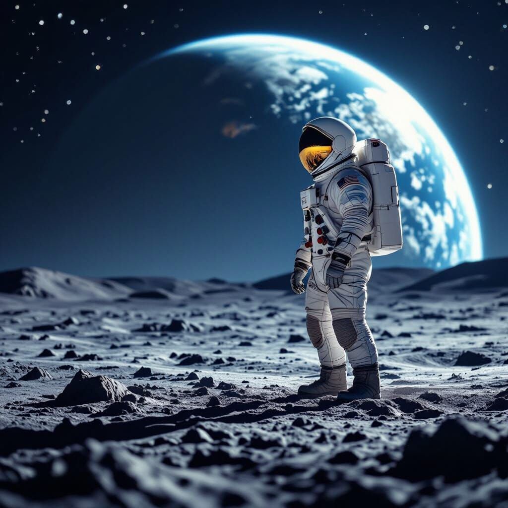 Astronaut Gazes at Earth from Moon Surface