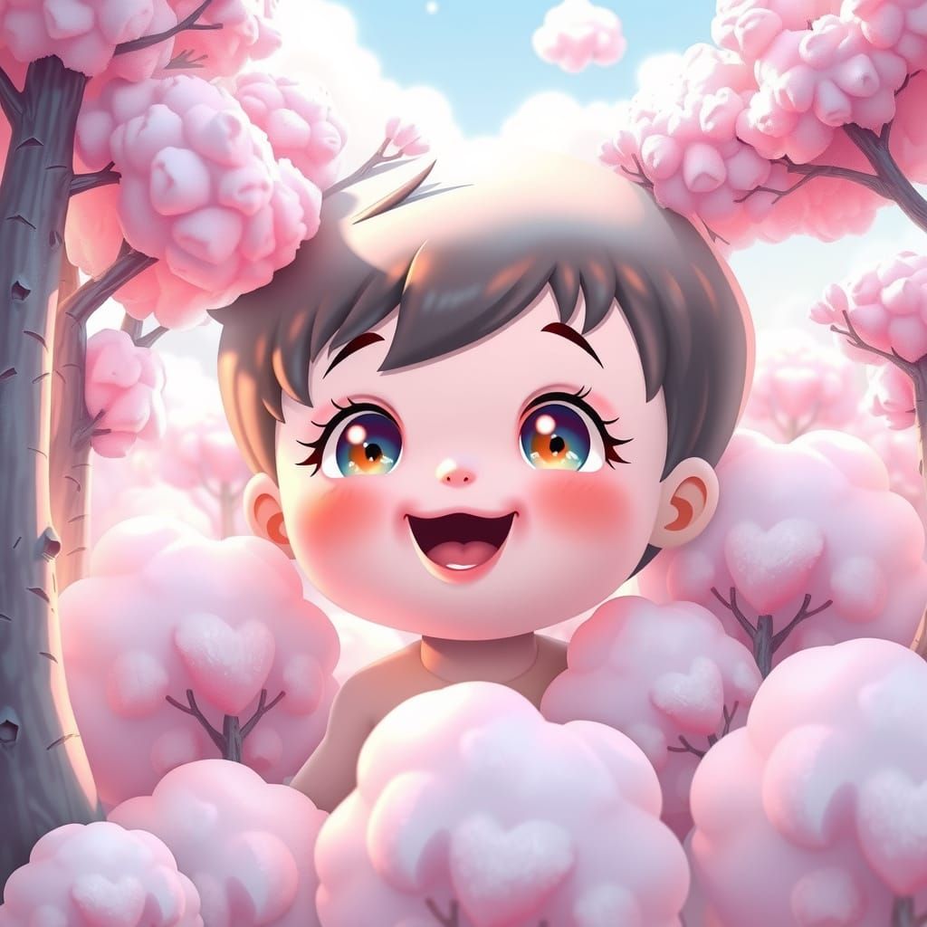 Pastel Kawaii Kid in Surreal Landscape