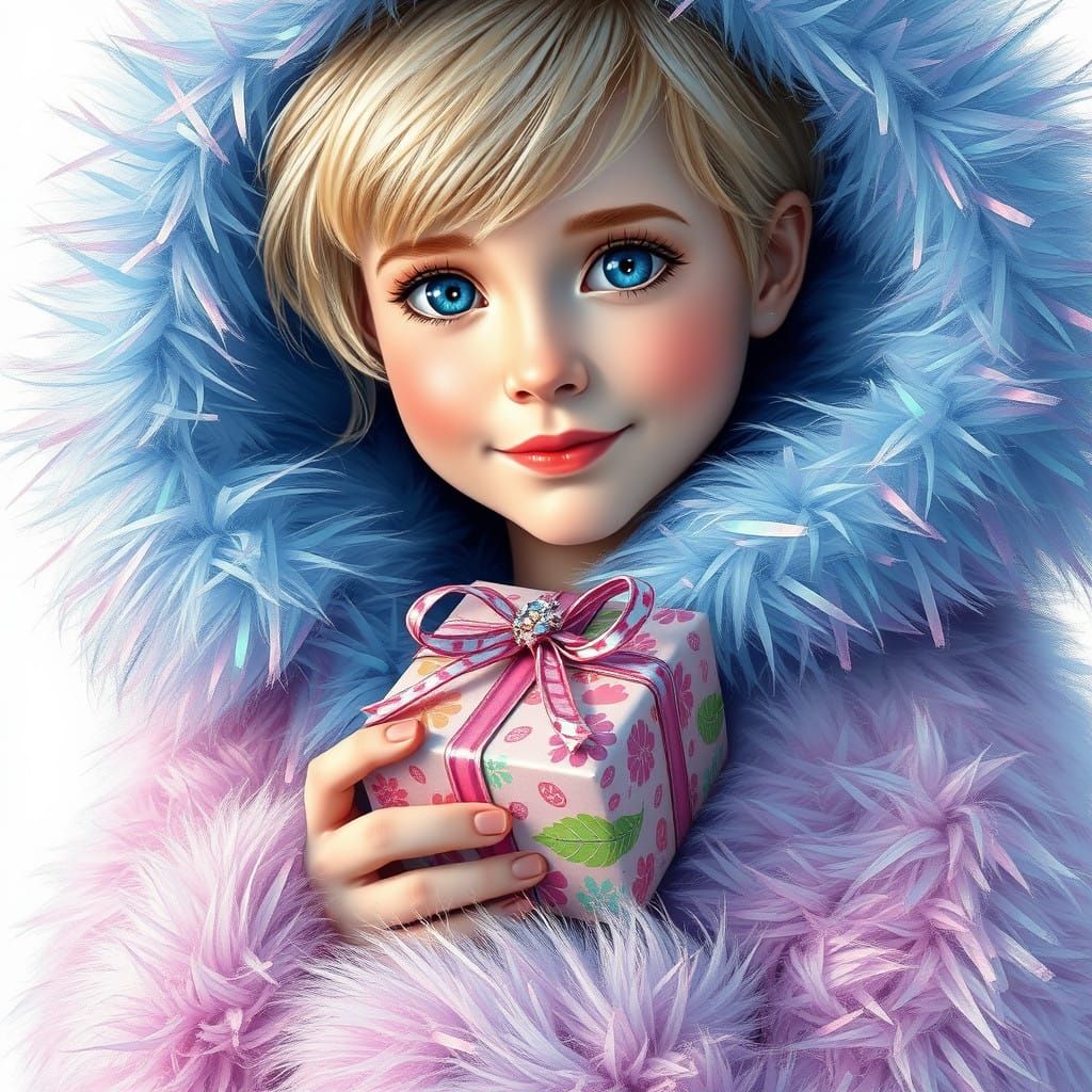 Stunning Oil Painting of a Blonde Girl in a Festive Coat