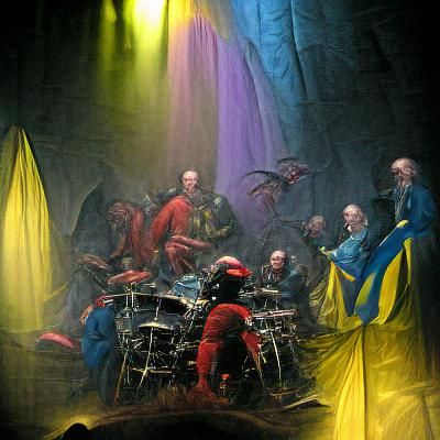 why five drummers on the same stage? one blue, one yellow, o...