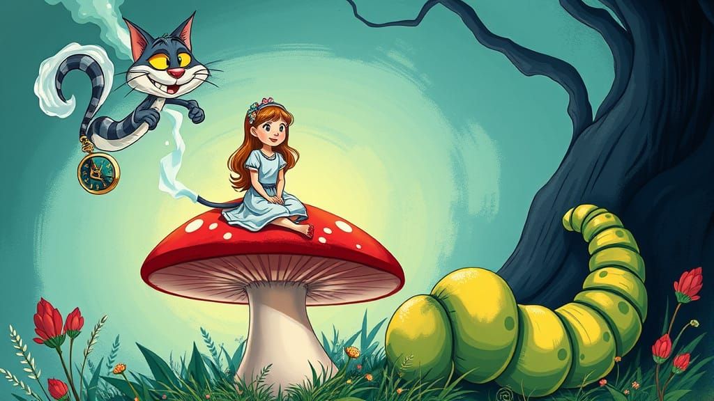 Girl with Cheshire Cat in Disney Cartoon Style