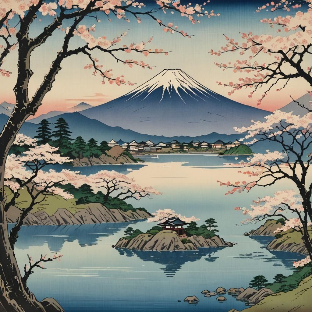 Ukiyo-e View: Mt. Fuji and Sakura Trees