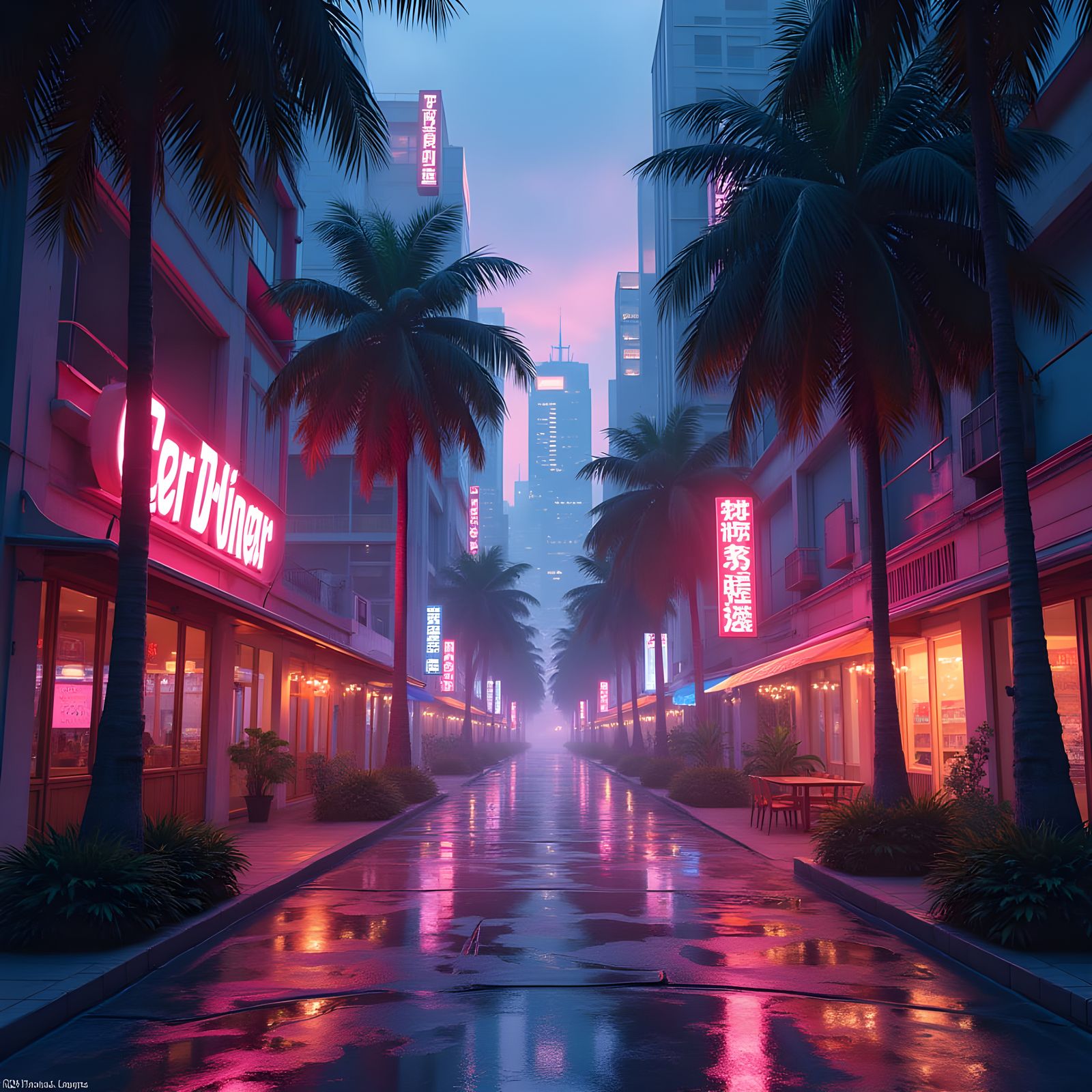 Cyberpunk Alley in Tropical City, Aerial View