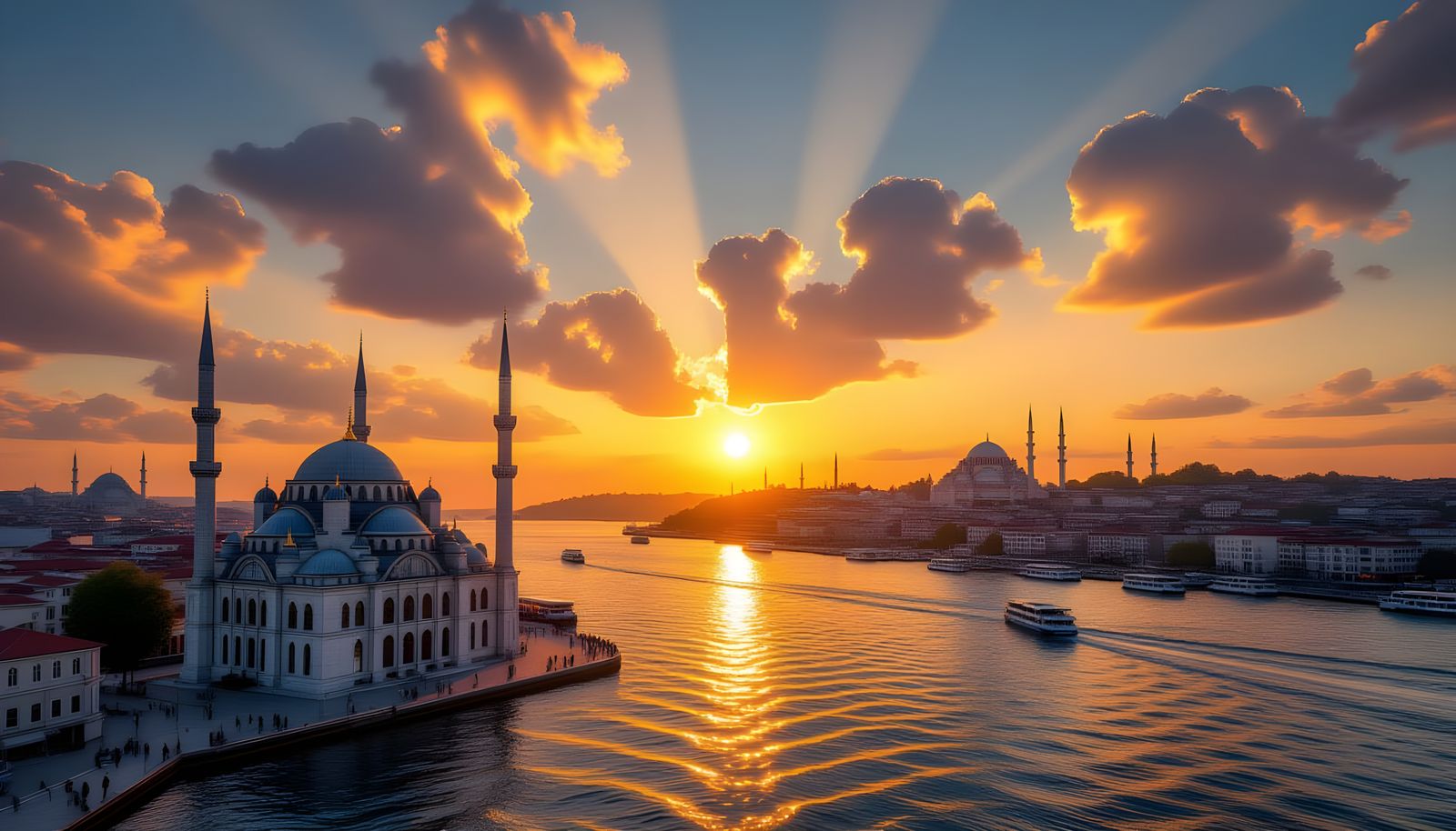 Istanbul Mosque Sunset: Photorealistic Aerial View