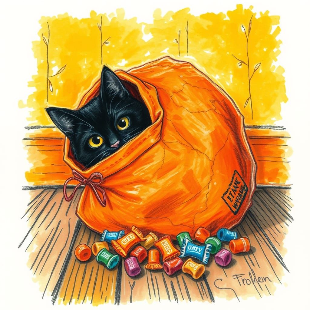 Black Cat's Halloween Adventure: Colored Pencil Drawing