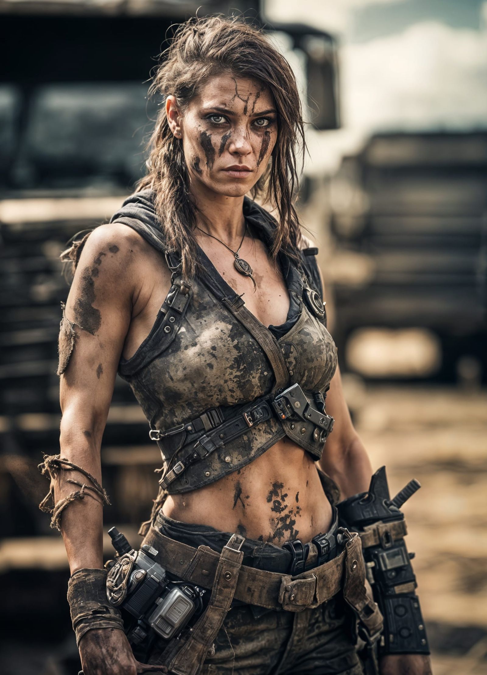 Post-Apocalyptic Warrior Woman With Destroyer Truck