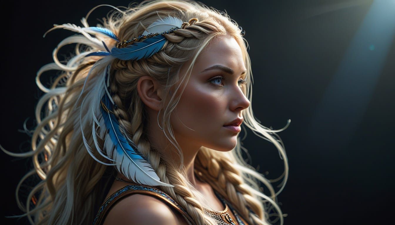 Nordic Goddess with Braids and Feathers