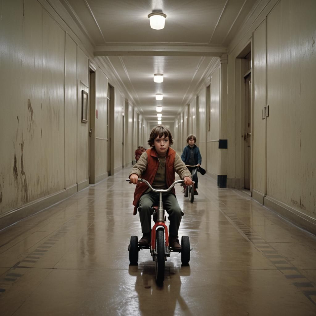 Boy on Tricycle: Cinematic 1970s Corridor Scene