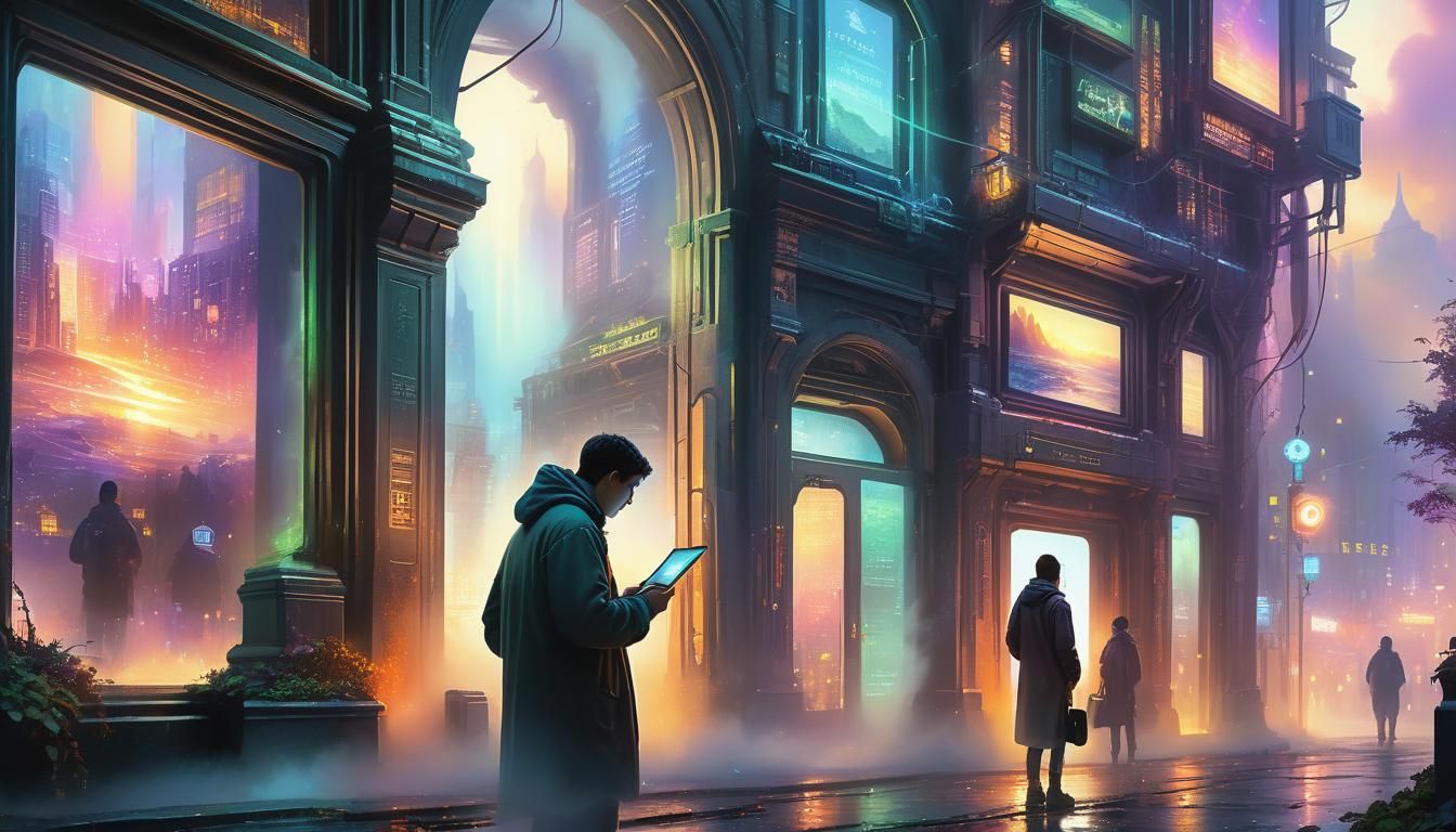 Ethereal Fantasy Landscape with Glowing Computer District