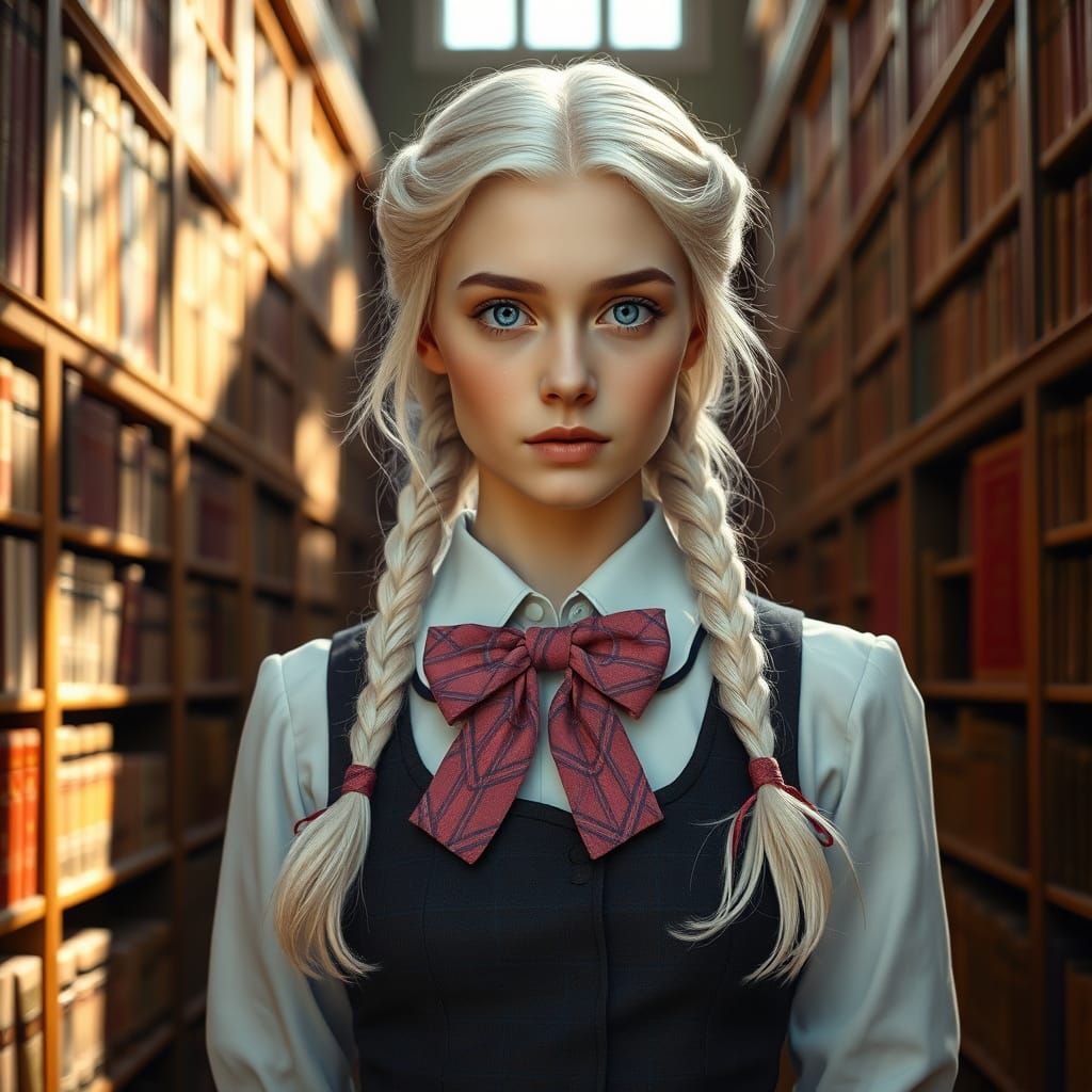 Vintage Schoolgirl in Sunlit Library