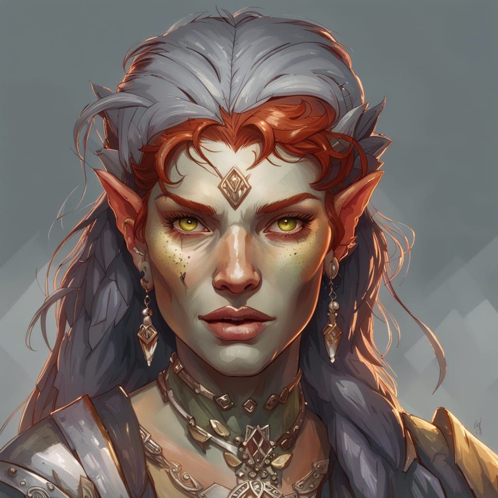 Red-Haired Half-Orc Portrait in Digital Art Style