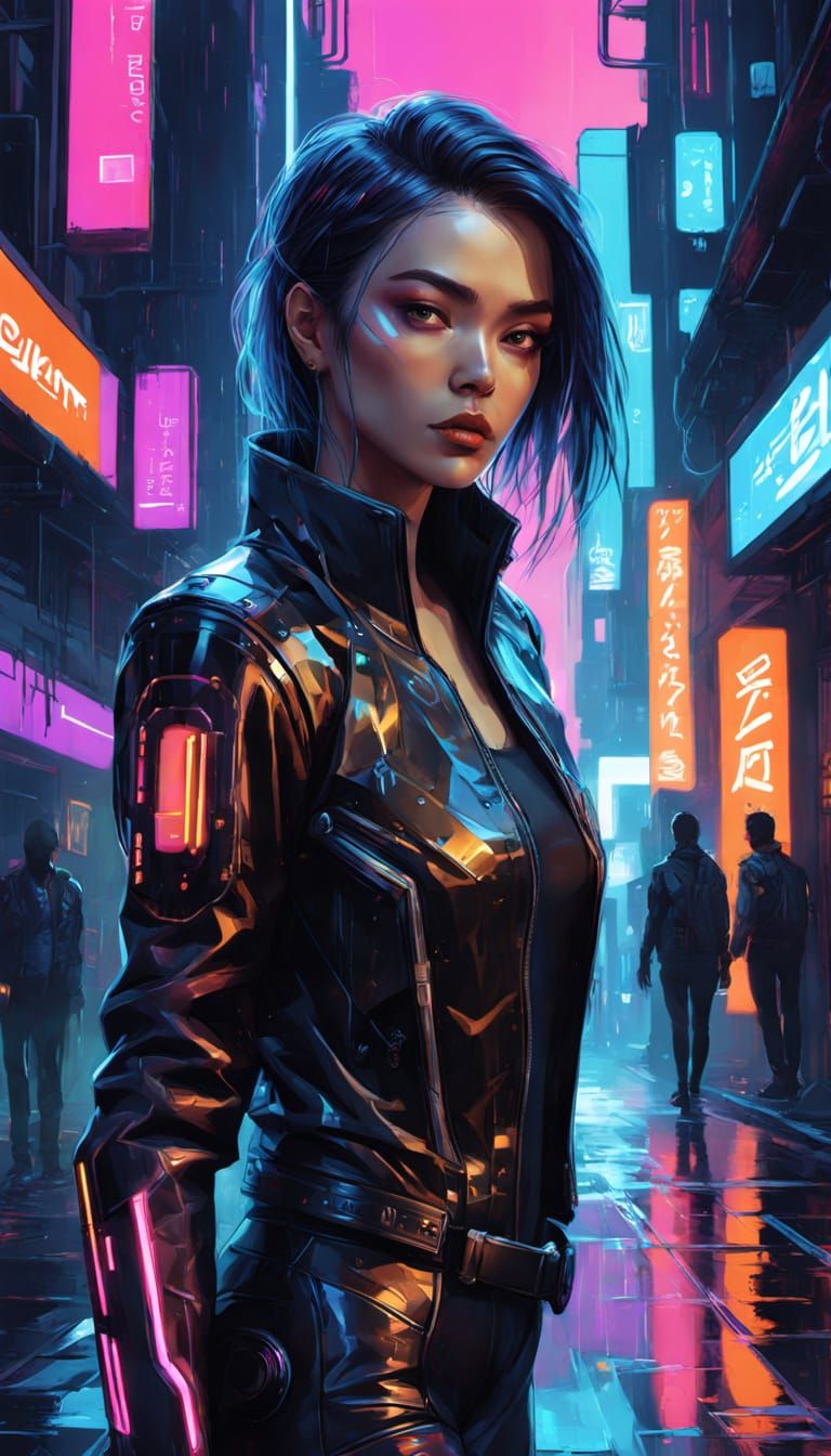 Cybernetic Woman in Neon Cyberpunk City