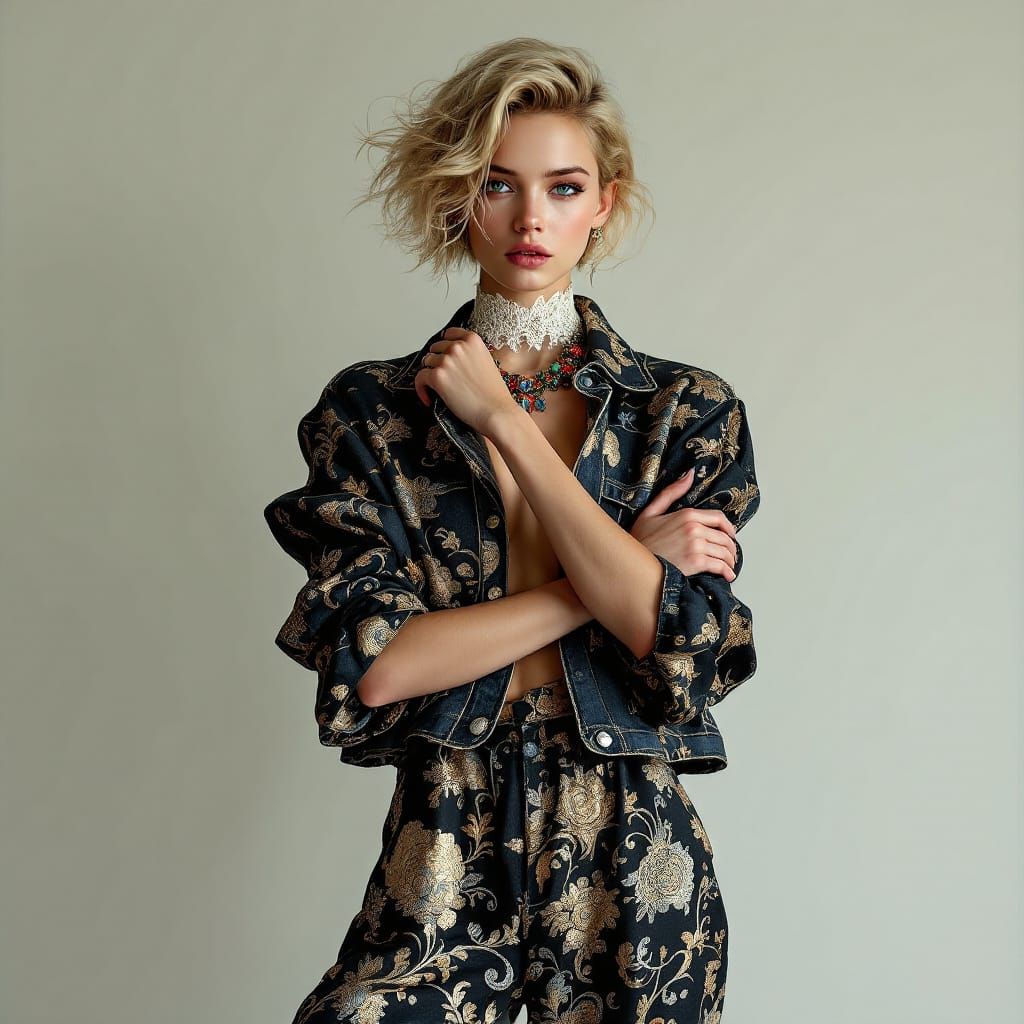 Vulnerable Woman in Flowing Denim: A Digital Glamour Portrai...