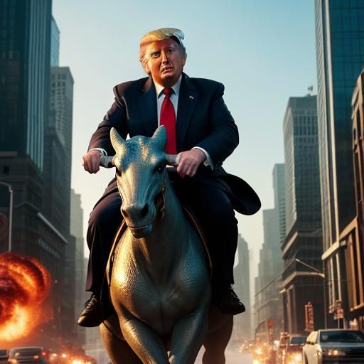 Donald Trump Rides a Dinosaur in Pop Art Style