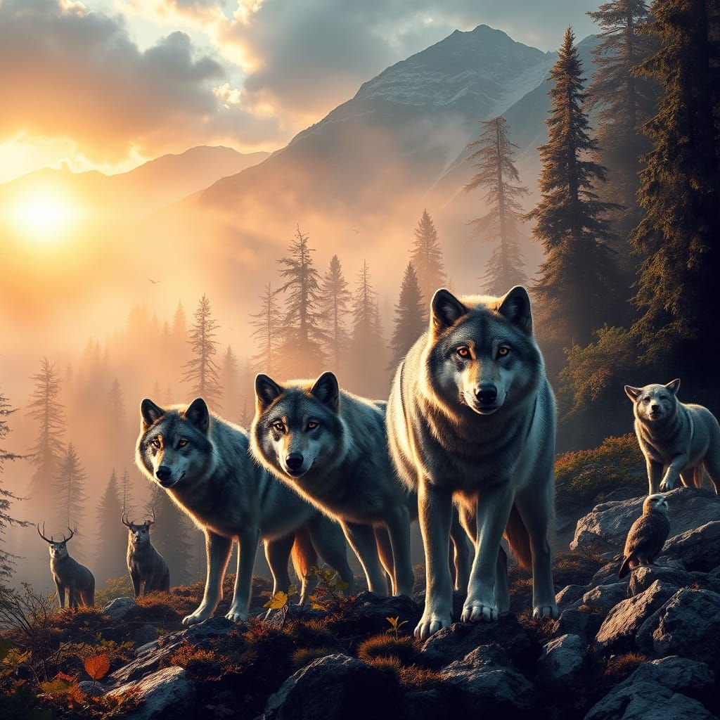 Majestic Wolves in Cinematic Wilderness Scene