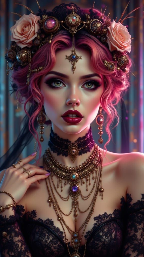 Realistic Woman with Alluring Gaze in Steampunk Fantasy Art