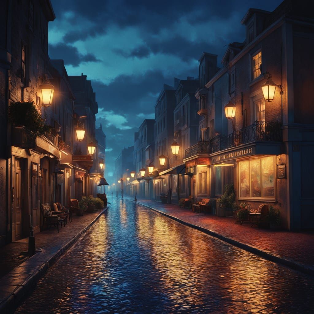 Vibrant Seaside Boulevard at Night, Impressionistic Painting