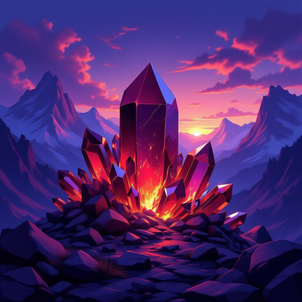Glowing Crystal Peaks at Twilight, Fantasy Matte Painting