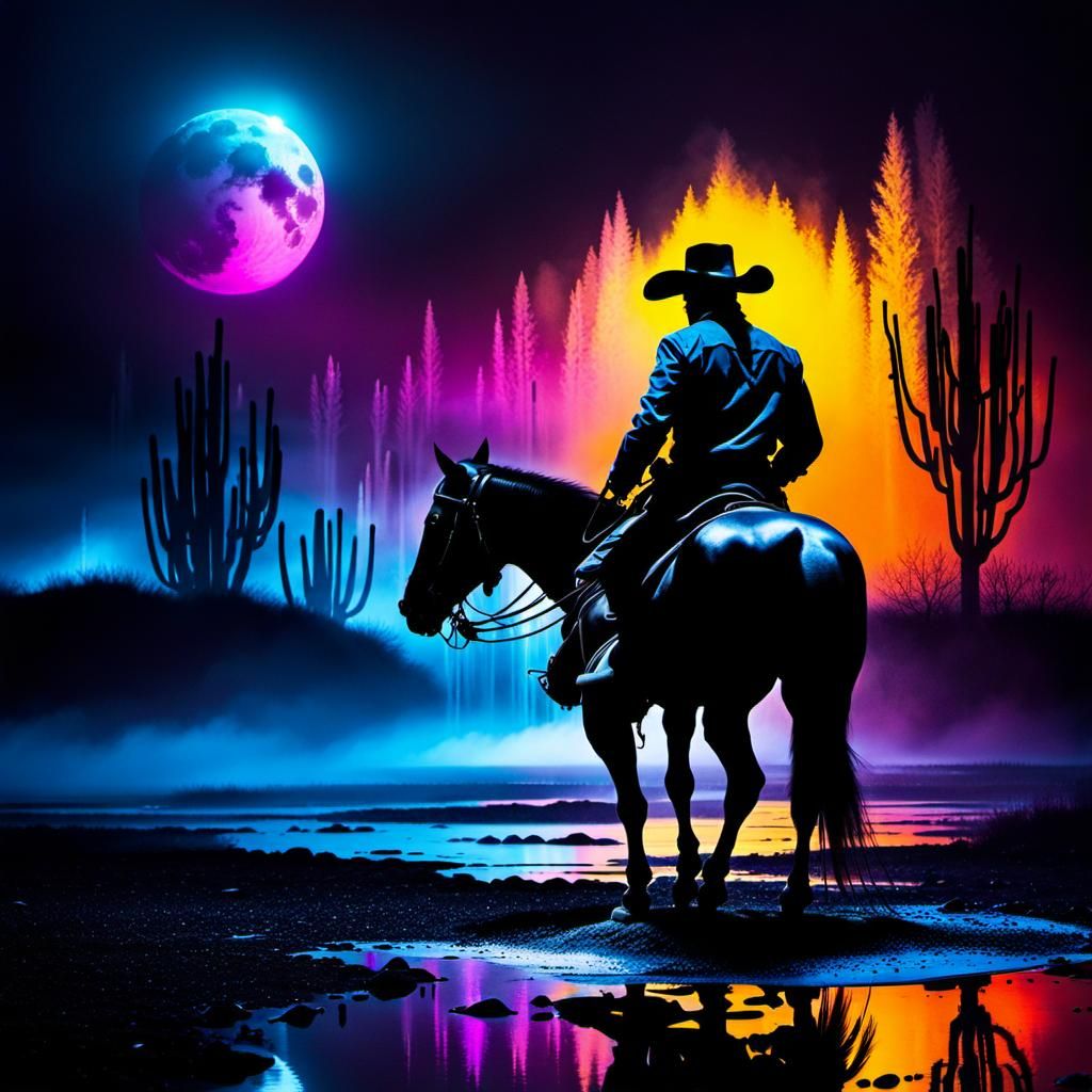 Noir Cowboy Silhouette in Desert Moonlight
