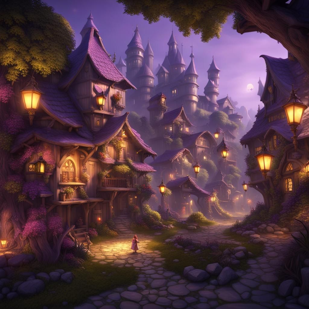 Fairy Town with Cute Fairies in Dark Fantasy Style