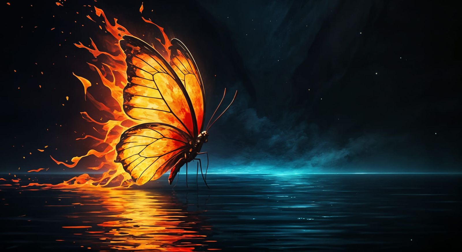 Fantasy Butterfly soars over Dark Impasto Lake in Digital Pa...