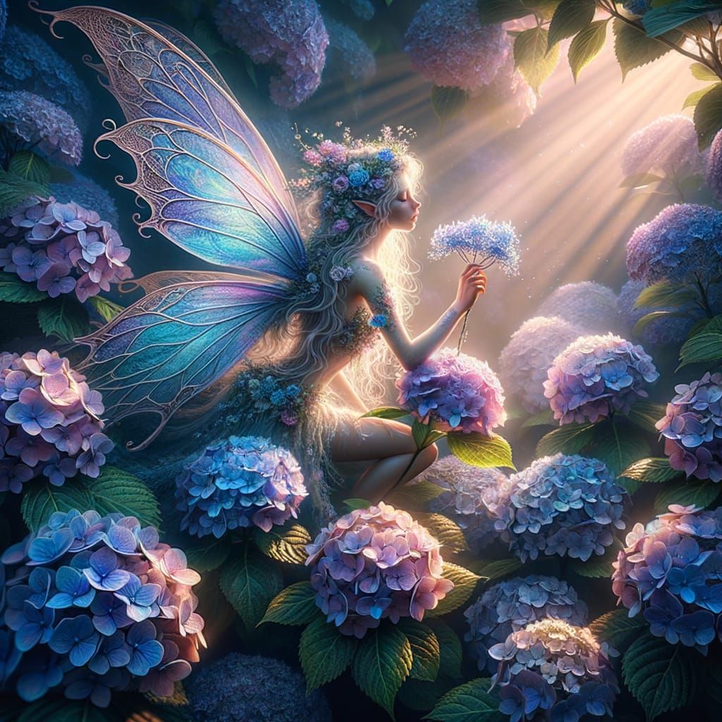 Enchanting Fairy Perched on Hydrangea Bush