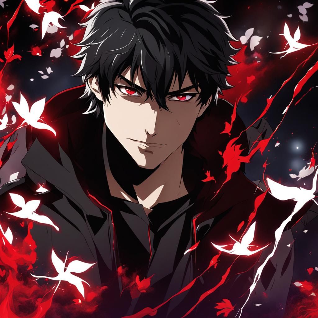 Damon Salvatore-like Character with Red Eyes, Anime Style