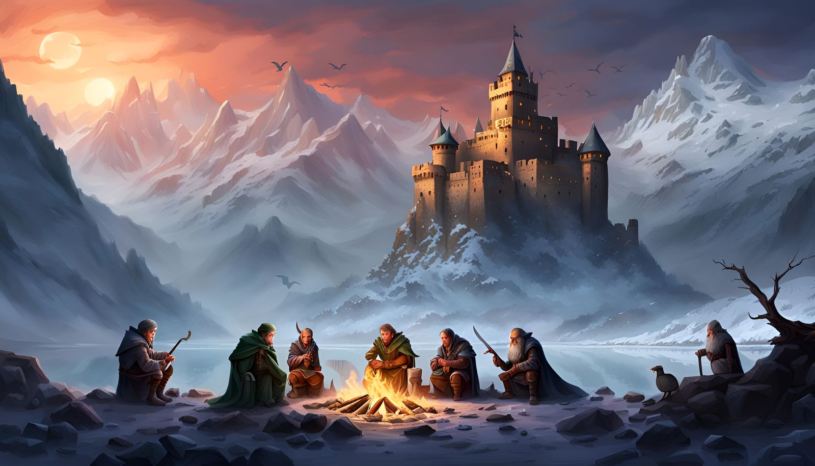 Elf and Dwarf Warriors Campfire Digital Art