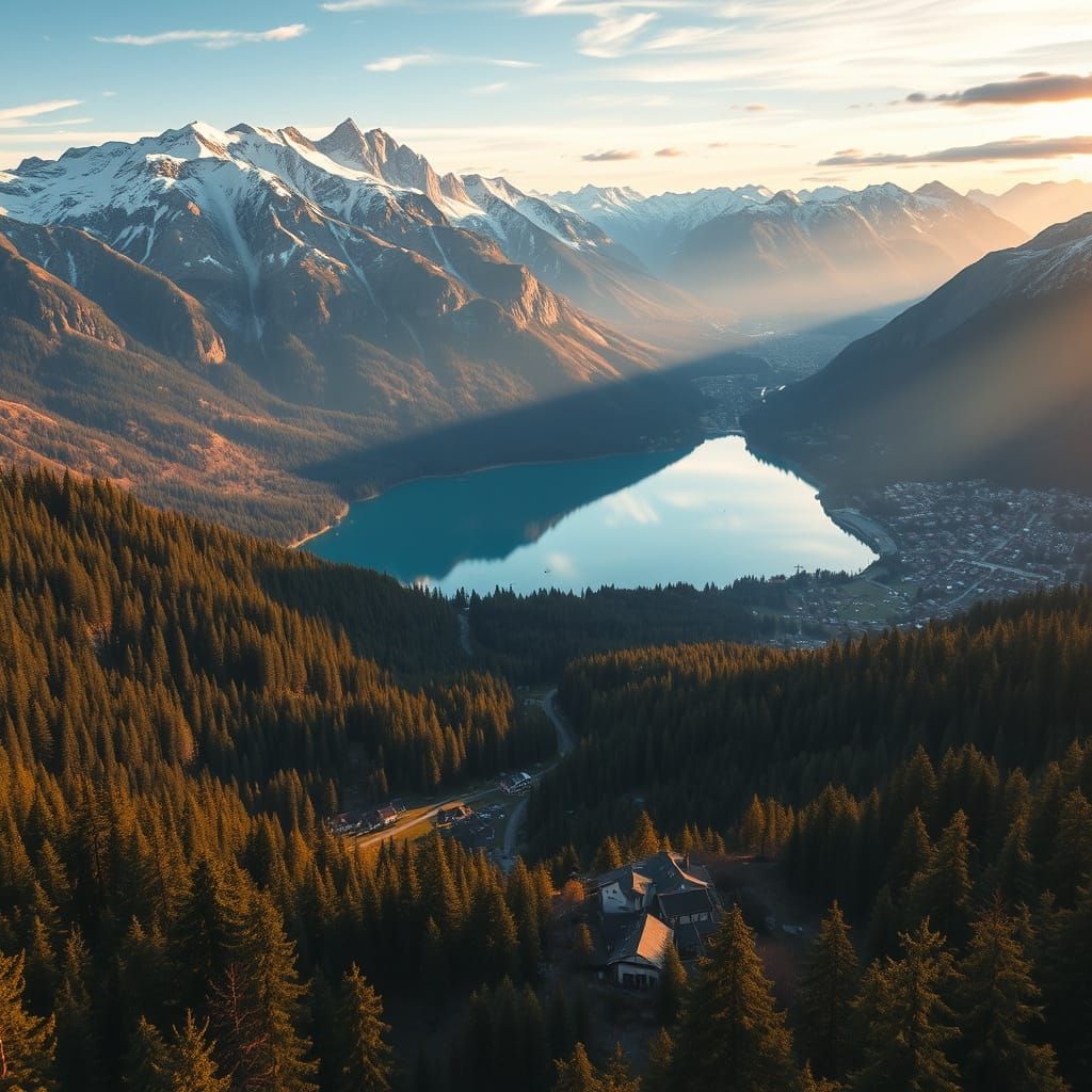 Panoramic Landscape: Forest, Mountains, Lake, Village & City