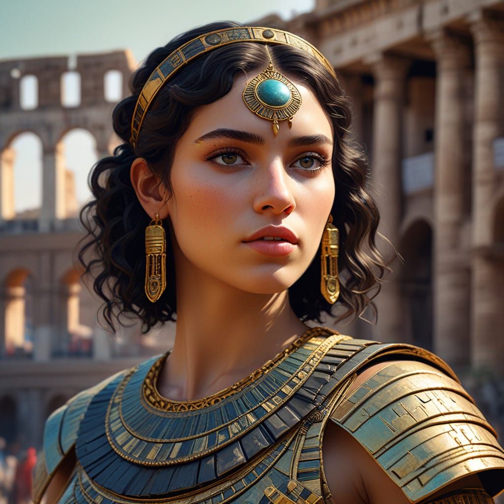 A portrait of young Cleopatra in front Colosseum.