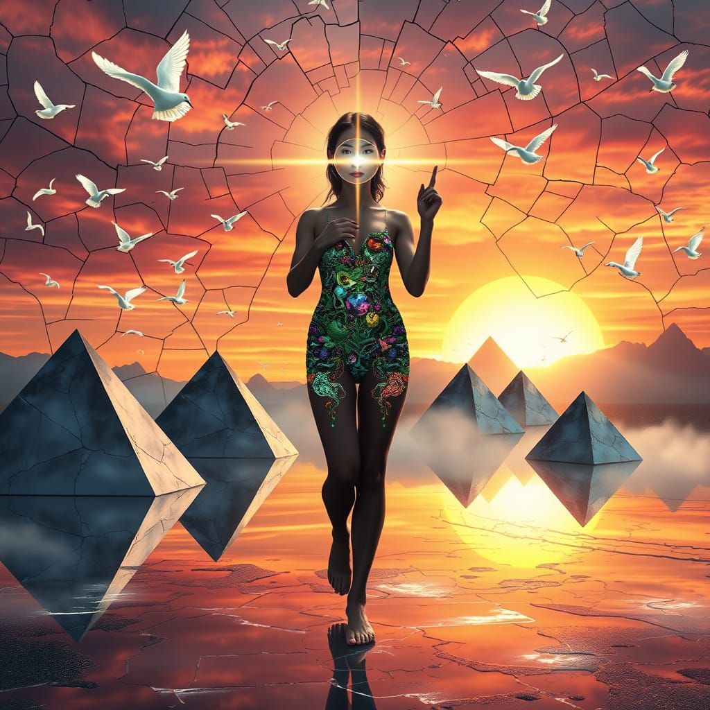 Woman with Prism Bending Light into Rainbow