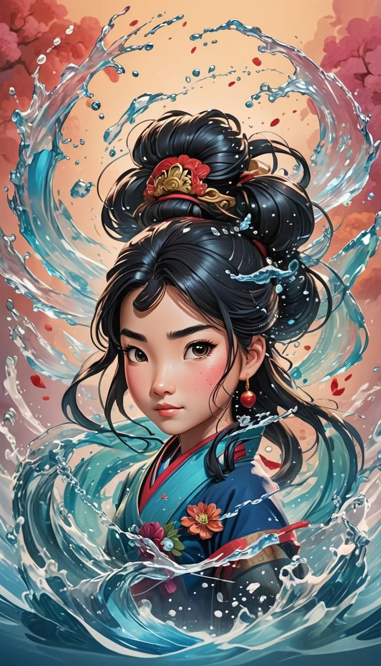 Happy Ghibli-Style Mulan Chibi Watercolor Art