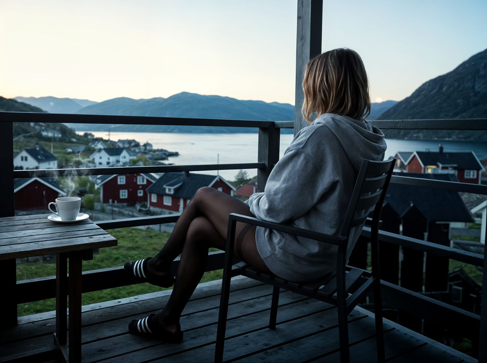 Woman Relaxing on Veranda Overlooking Norwegian Village at S...