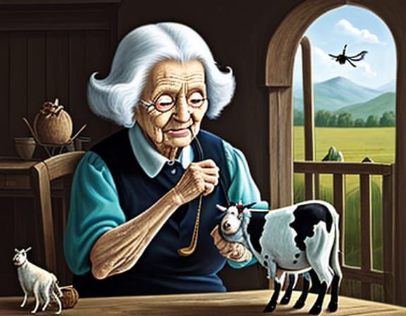Old Lady's Whimsical Menagerie in Charming Illustration