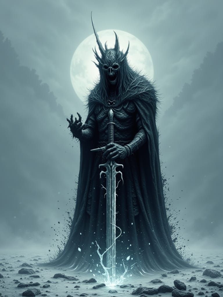 Gothic Wraith Prince with Icy Sword in Snowy Landscape