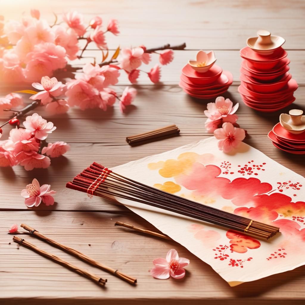 Japanese Watercolor Painting of Red Incense Bundles