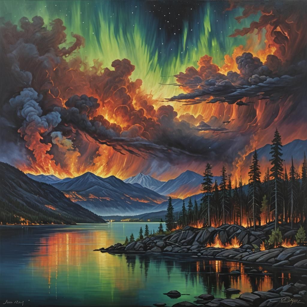 Okanagan Forest Fire Under Aurora Borealis: Oil Painting
