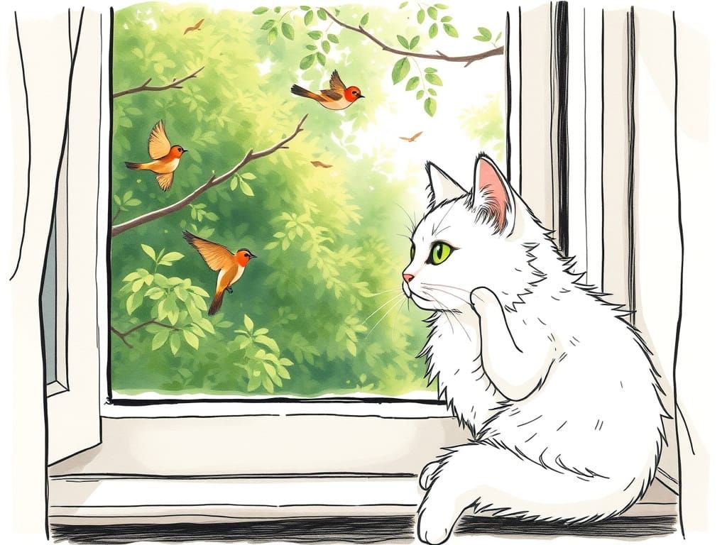 Cozy Domestic Cat Gazing Longingly at Birds in the Morning S...