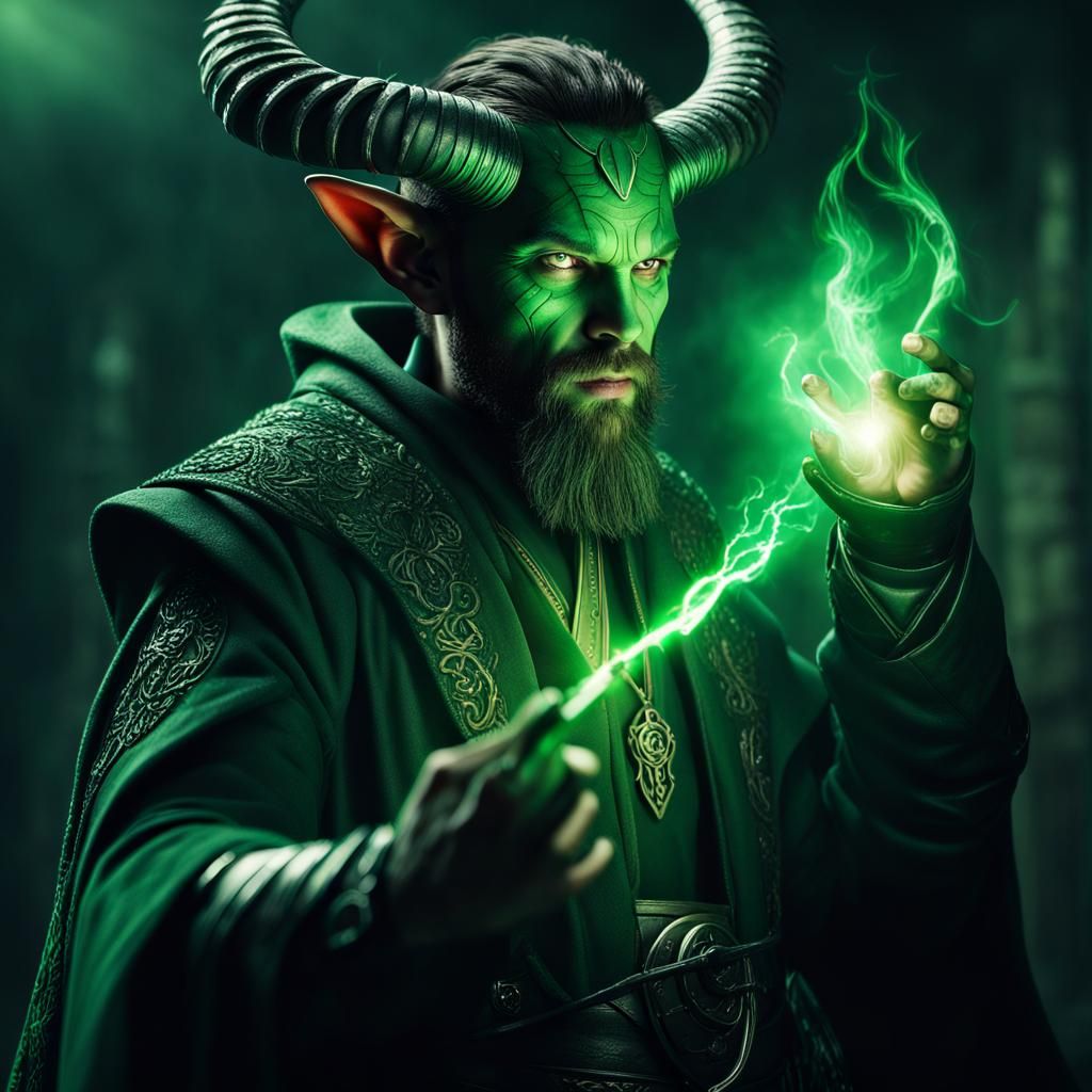 Tiefling Warlock Movie Poster with Green Energy
