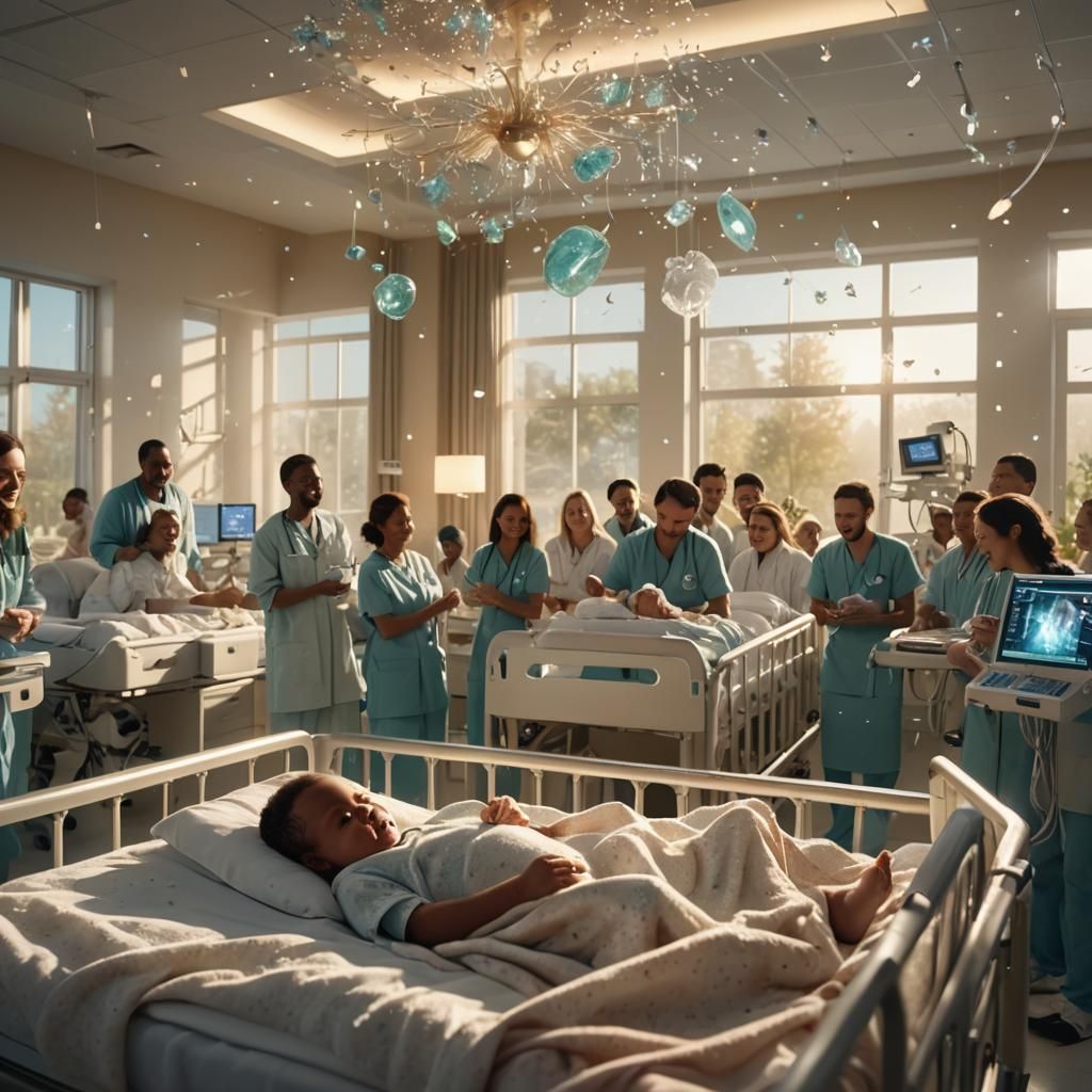 Newborn Baby in Fantasy Hospital: Cinematic Concept Art