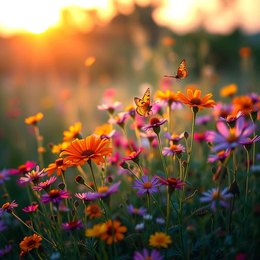 Vibrant Wildflower Meadow at Sunset: Photorealistic Image