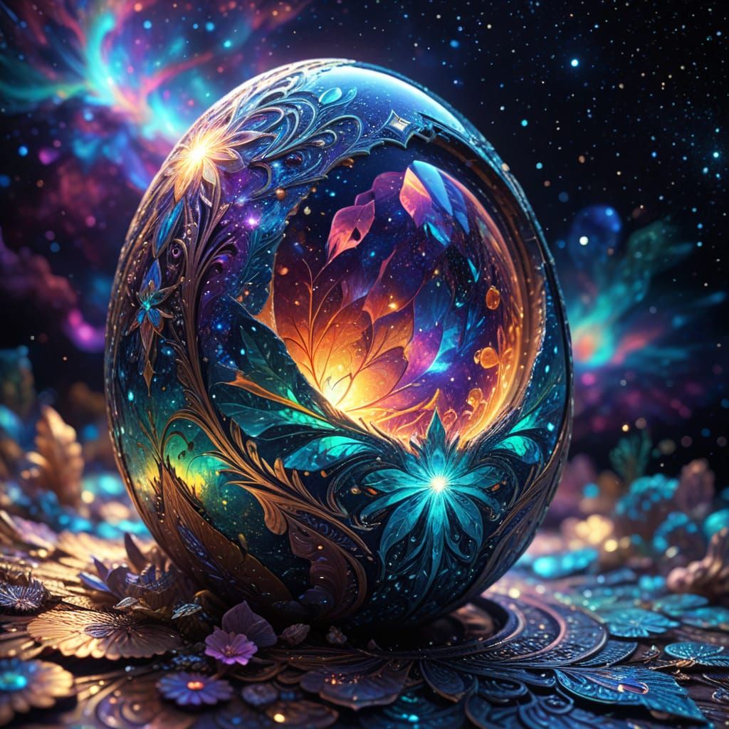 Ethereal Cosmic Egg in Iridescent Holographic Style