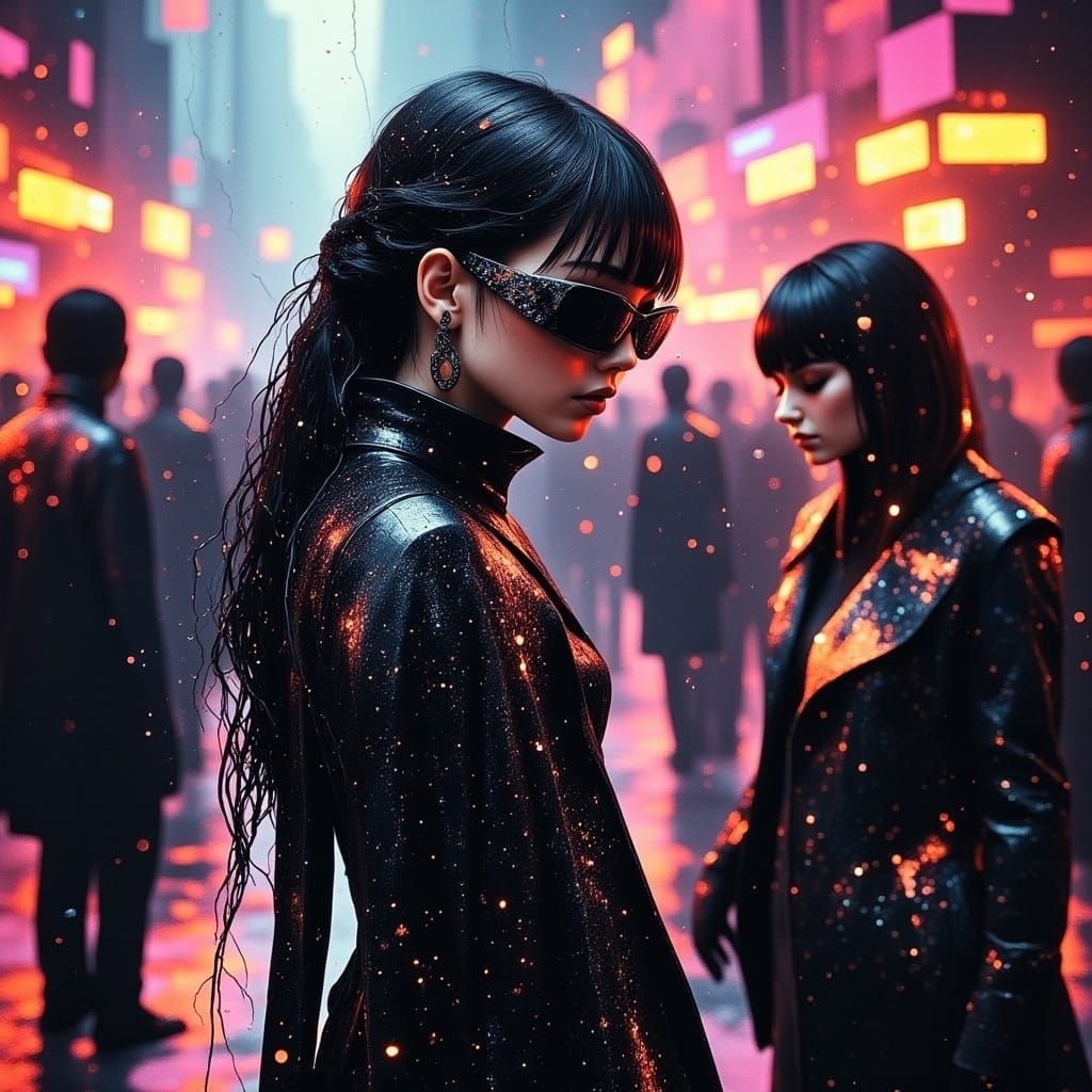 Cyberpunk Bounty Hunter in Neon Party Scene