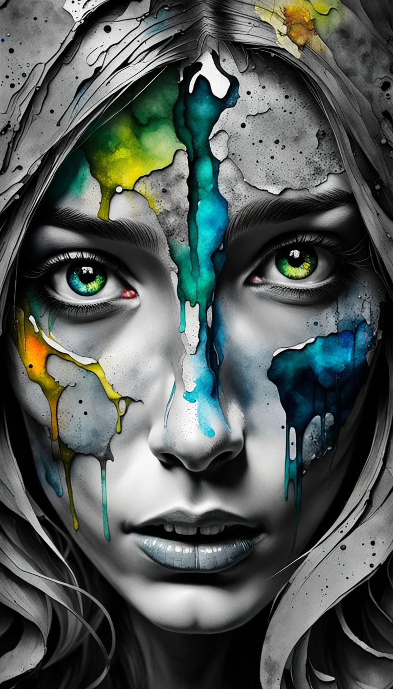 Despairing Woman Screams Color: Alcohol Ink and Watercolor A...