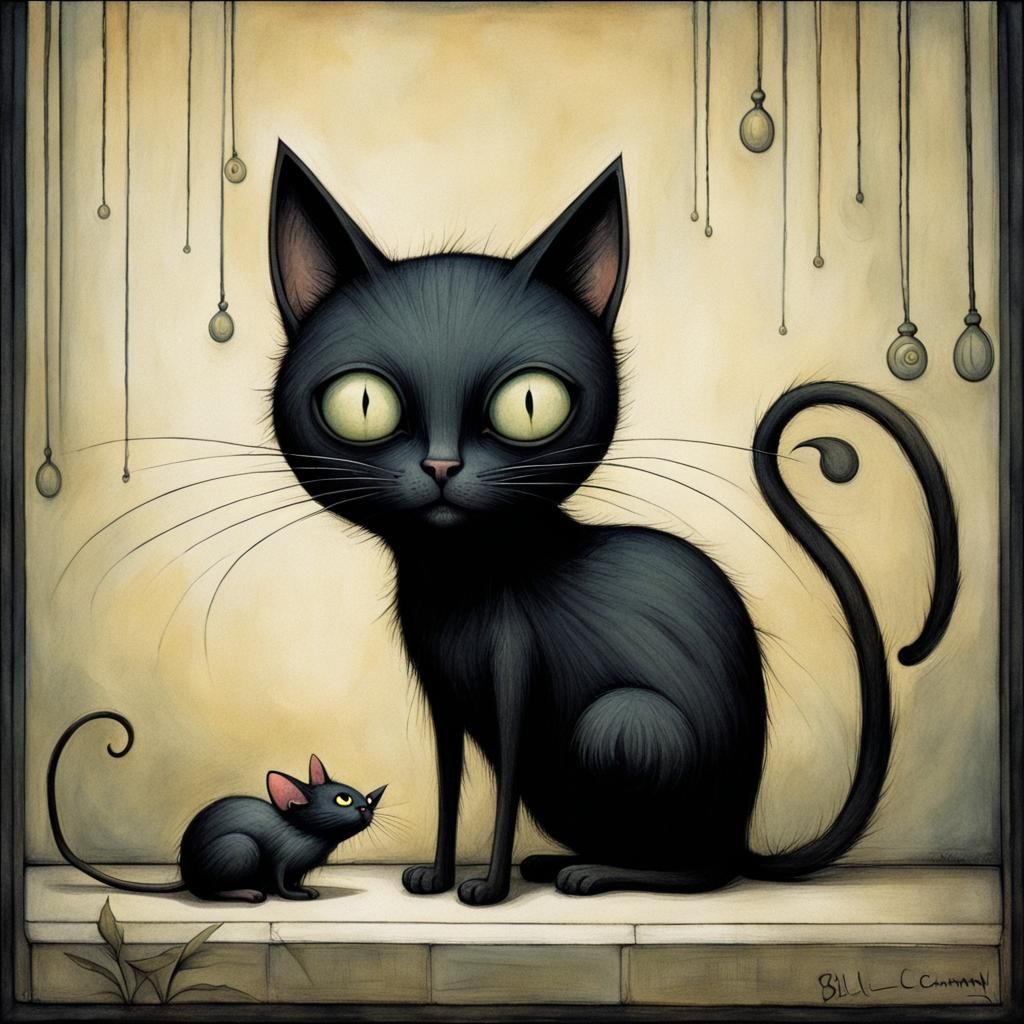 Cute Creepy Black Cat Watching Mouse