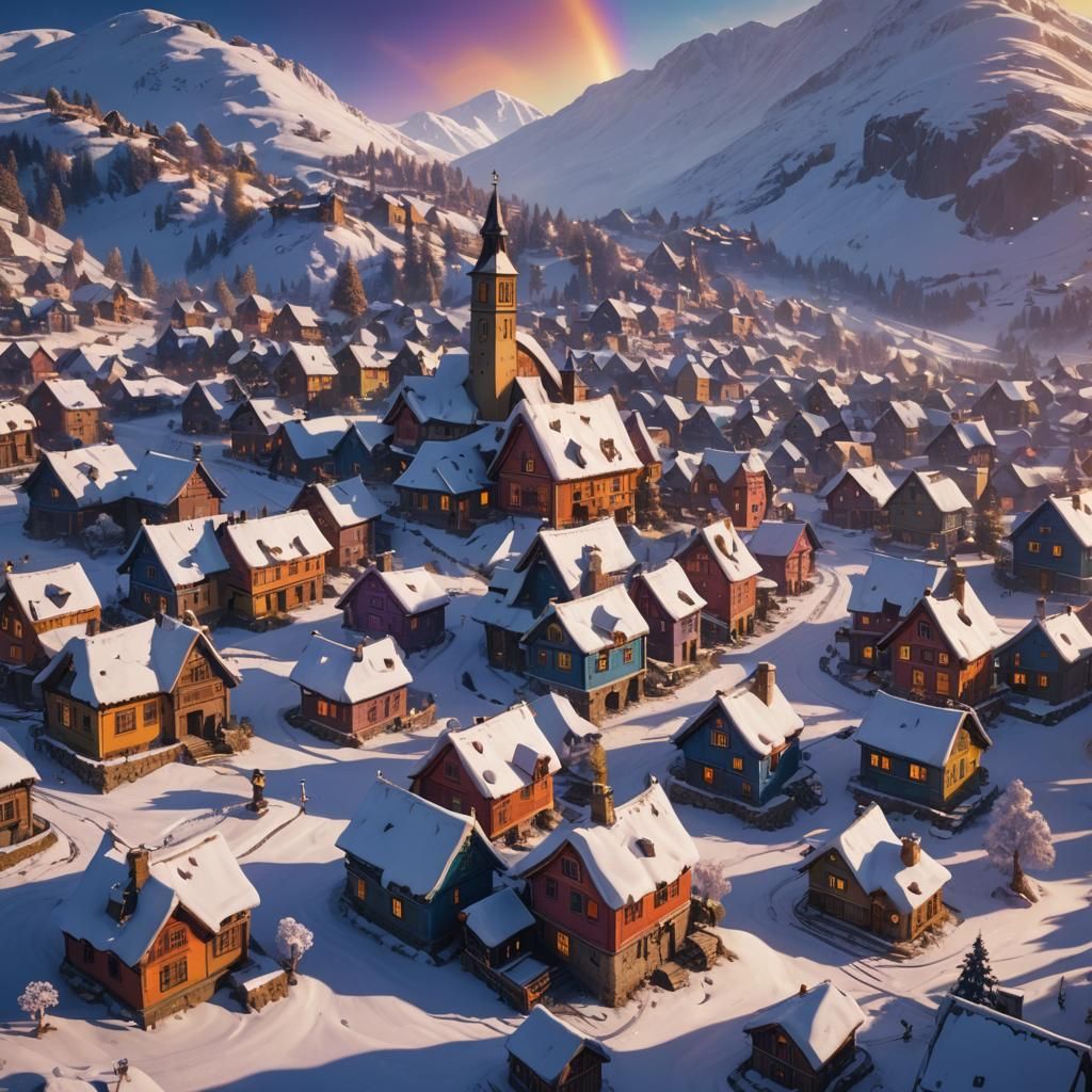 Snowy Village: Fantasy Art with Rainbow Colors