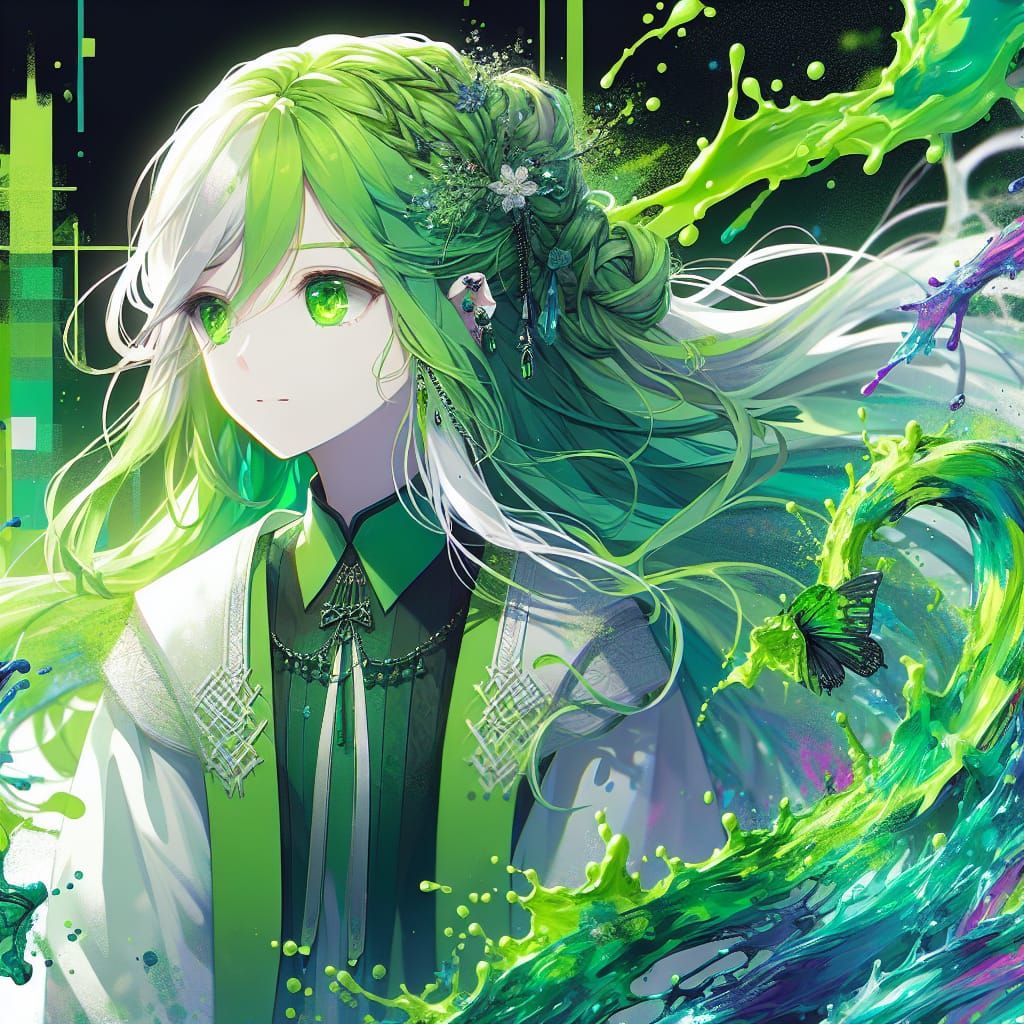 Anime Girl with Dripping Green Hair in 8k