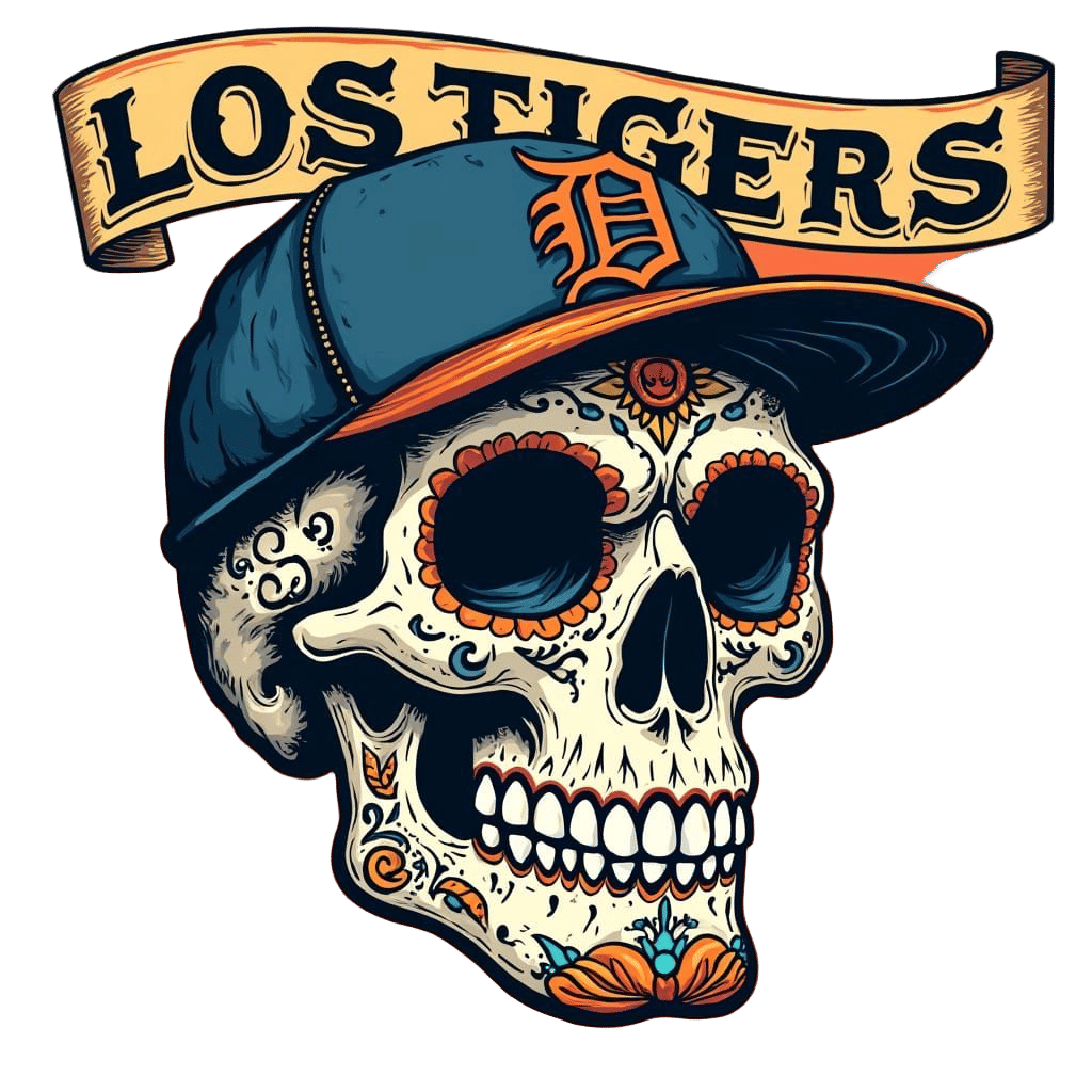 Sugar Skull in Detroit Tigers Cap with Vibrant, Distressed L...