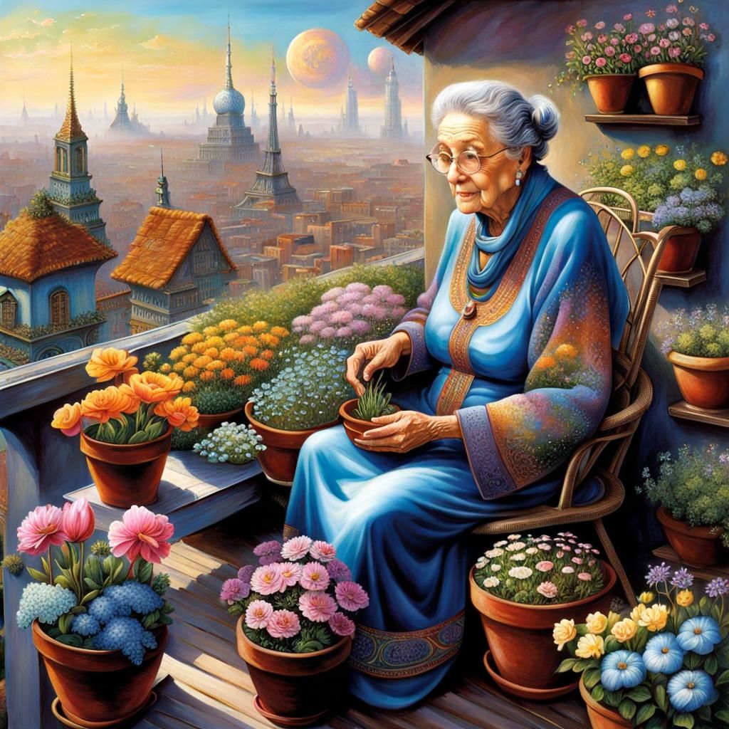 Rooftop Garden in 2050: Grandmother and Flowers