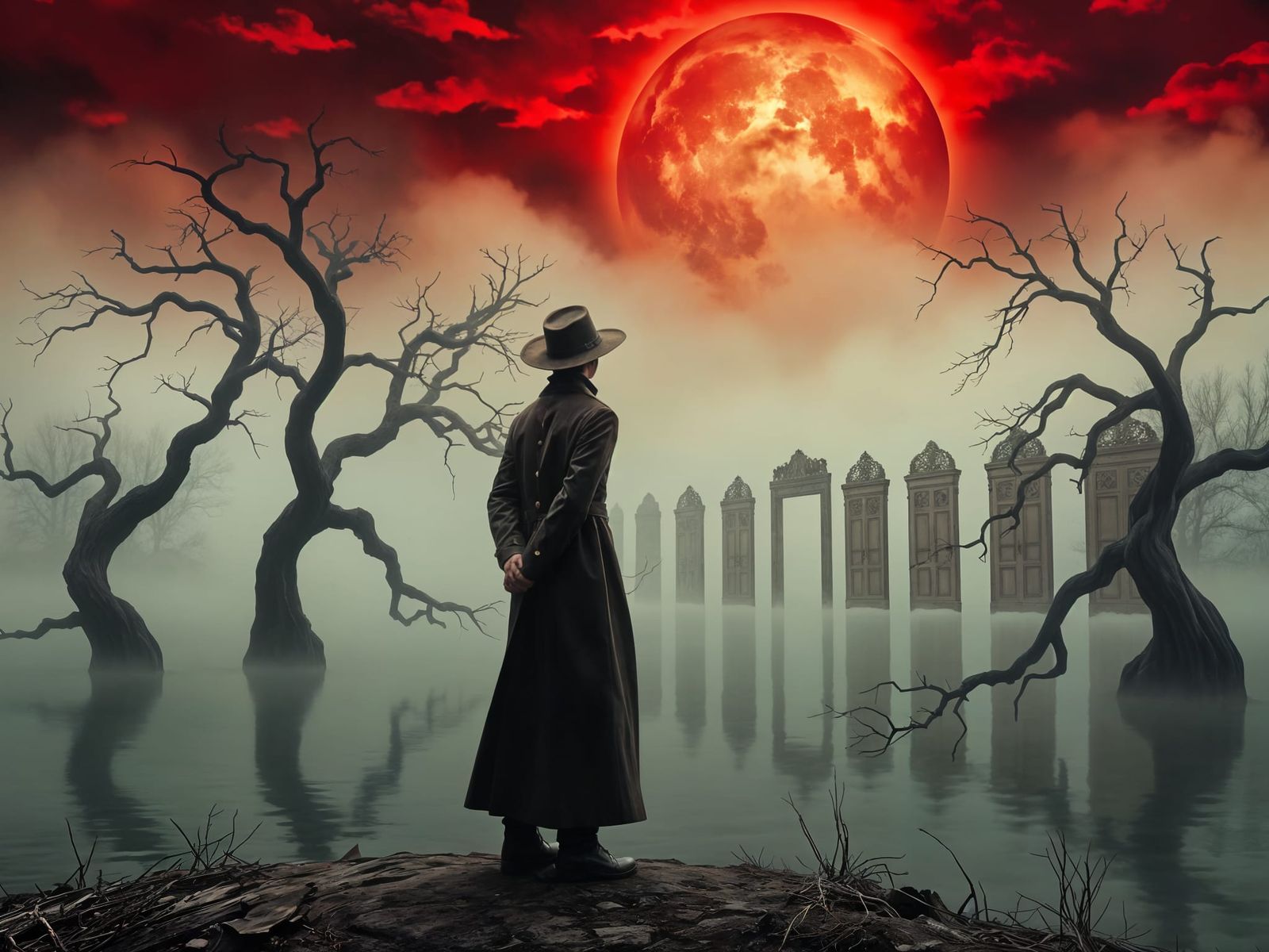 Mysterious Figure Contemplates Doorways on a Crimson Lake